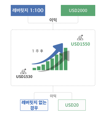 거래 중 레버리지가 수익 또는 손실에 어떤 영향을 미치는지 보여주는 그림.